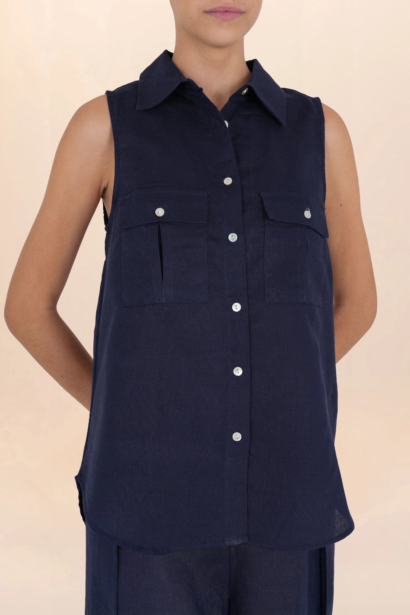 Camisa de Botones de Lino Azul