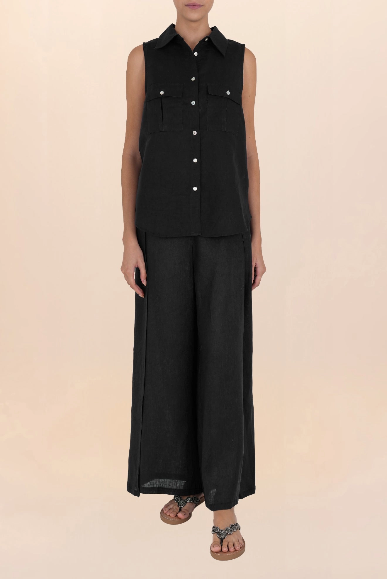 Camisa de Botones de Lino Negro