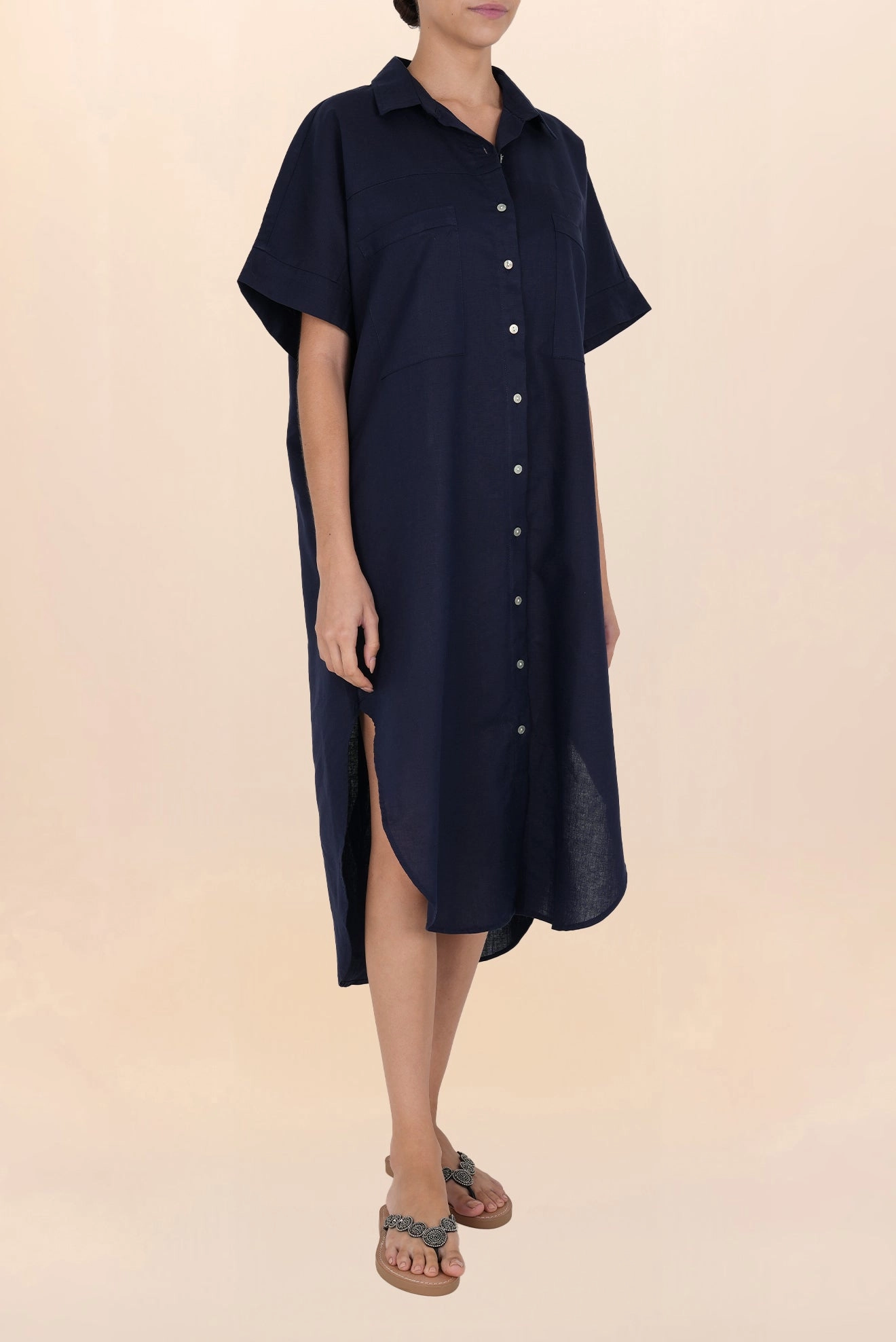 Camisa Larga de Lino Azul