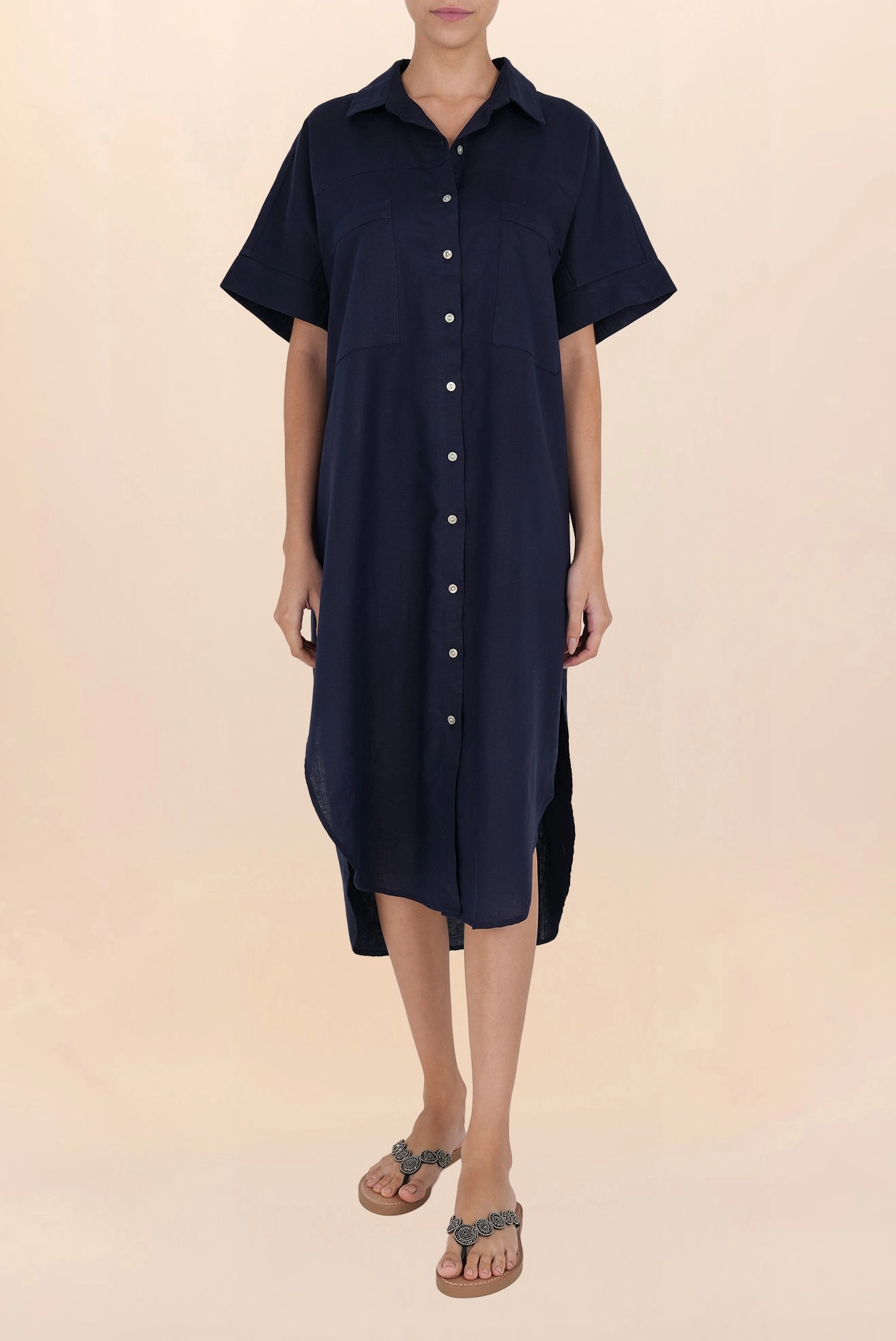 Camisa Larga de Lino Azul
