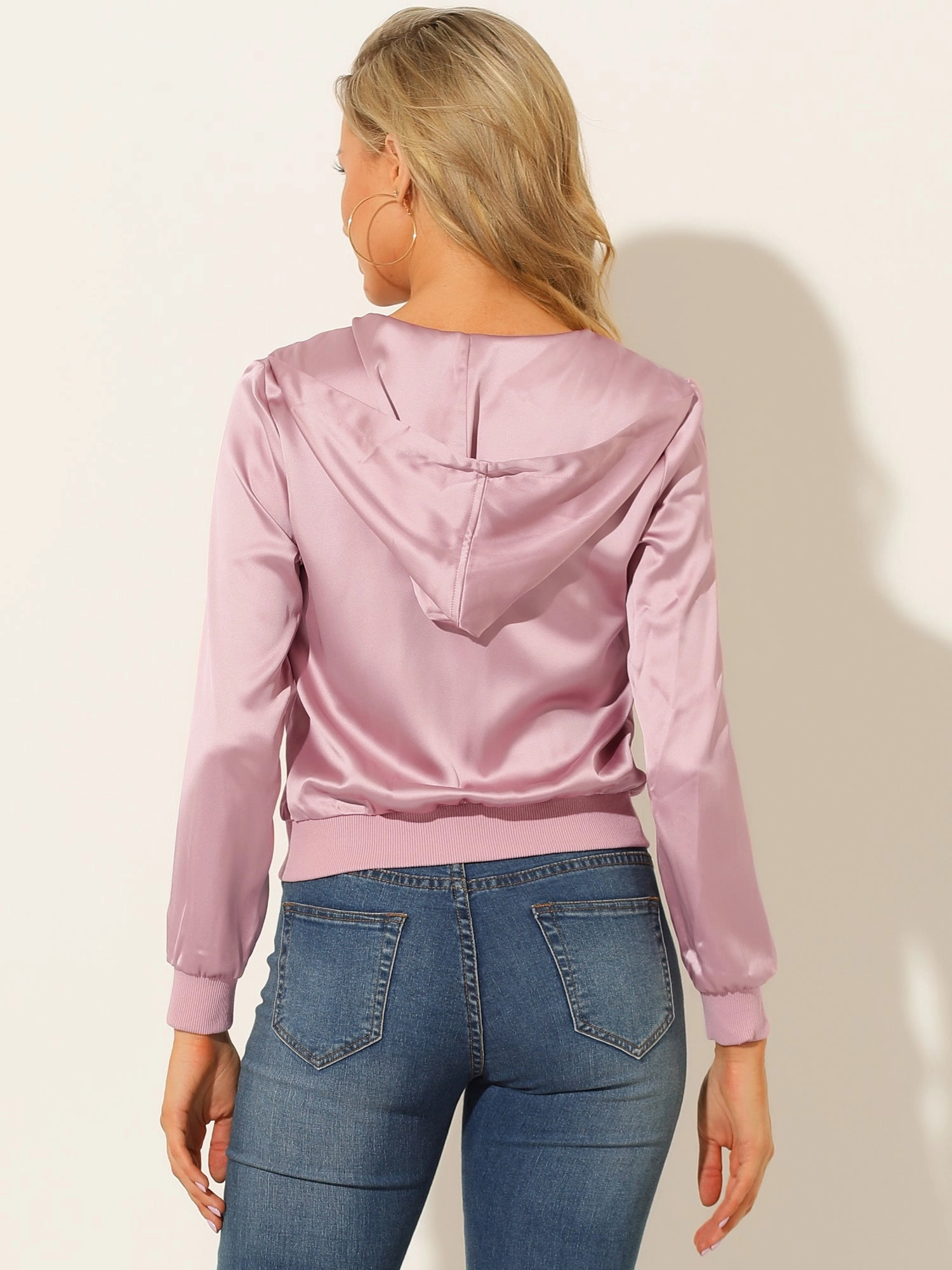 Casual Zipper Front Satin Hooded Bomber Jacket