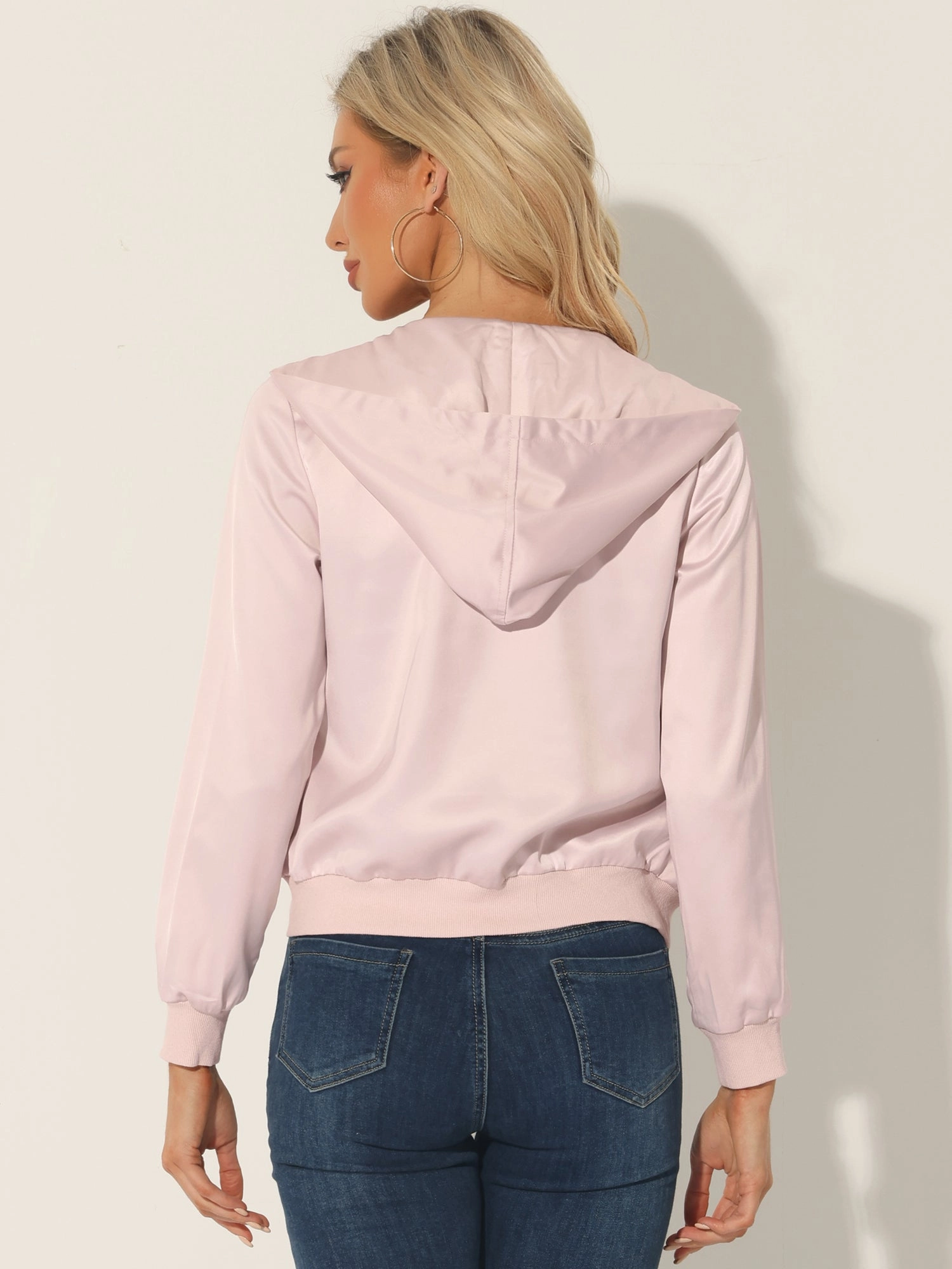 Casual Zipper Front Satin Hooded Bomber Jacket