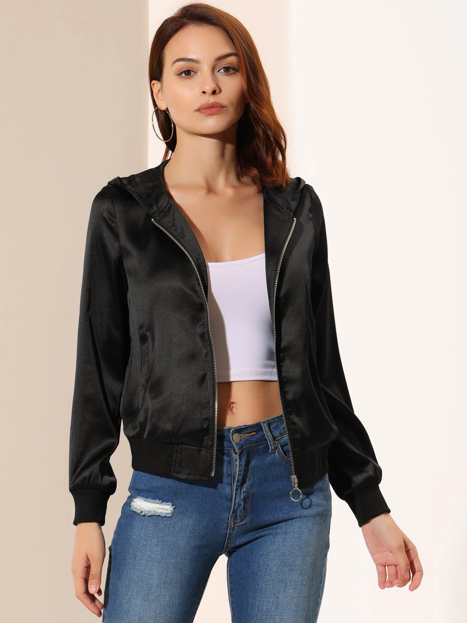 Casual Zipper Front Satin Hooded Bomber Jacket