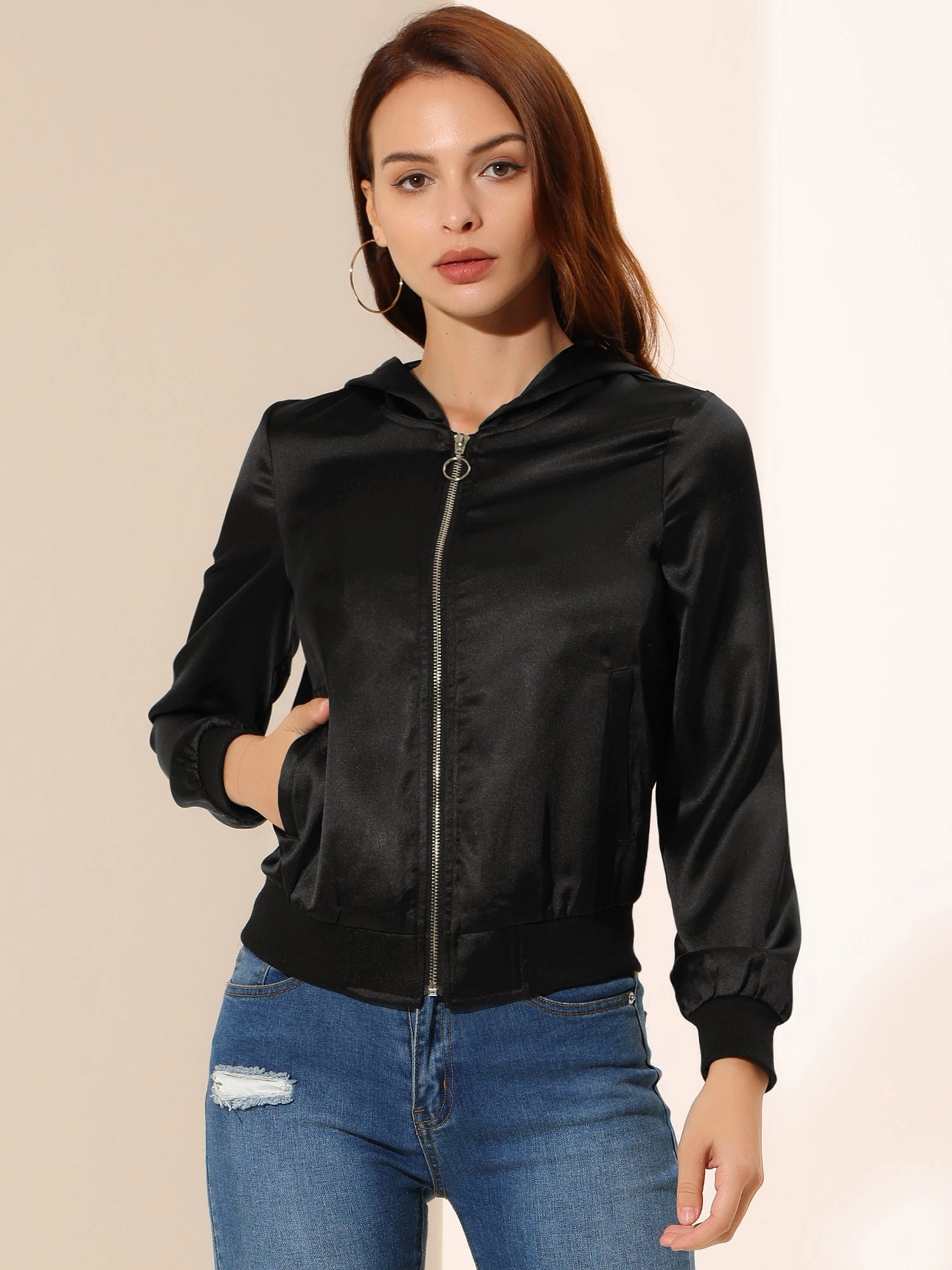 Casual Zipper Front Satin Hooded Bomber Jacket