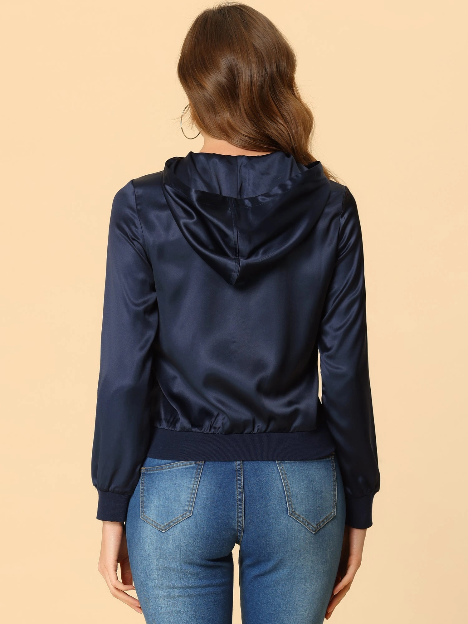 Casual Zipper Front Satin Hooded Bomber Jacket