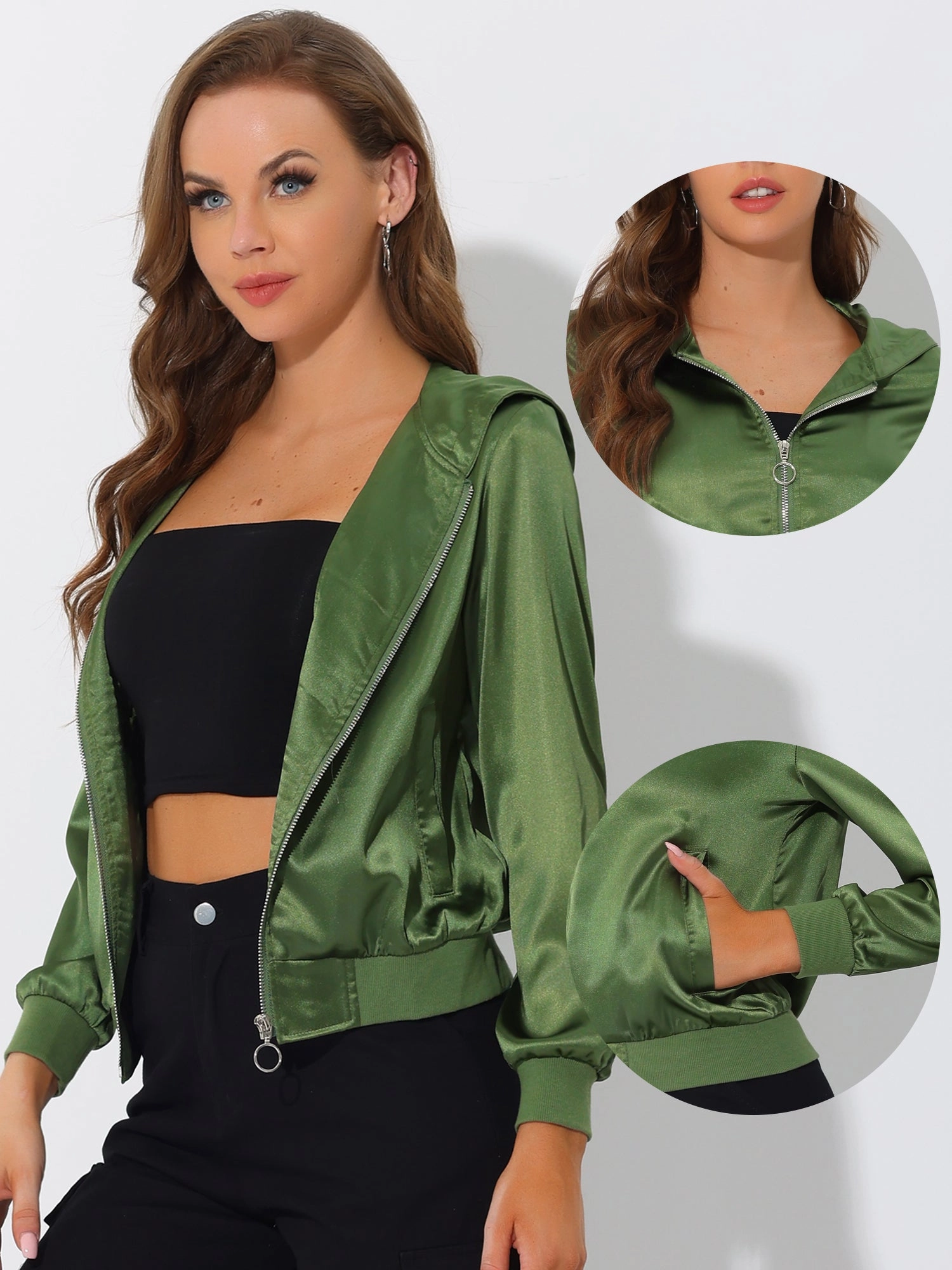 Casual Zipper Front Satin Hooded Bomber Jacket