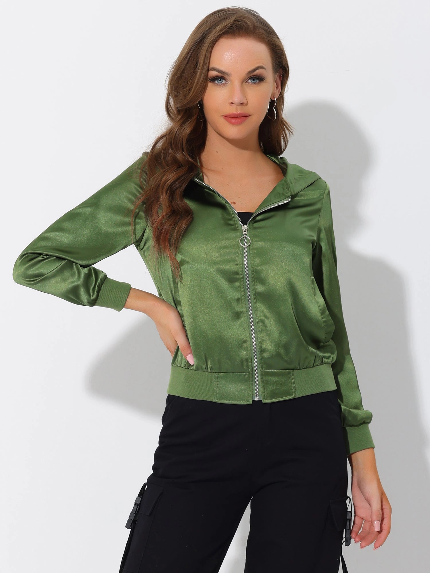 Casual Zipper Front Satin Hooded Bomber Jacket