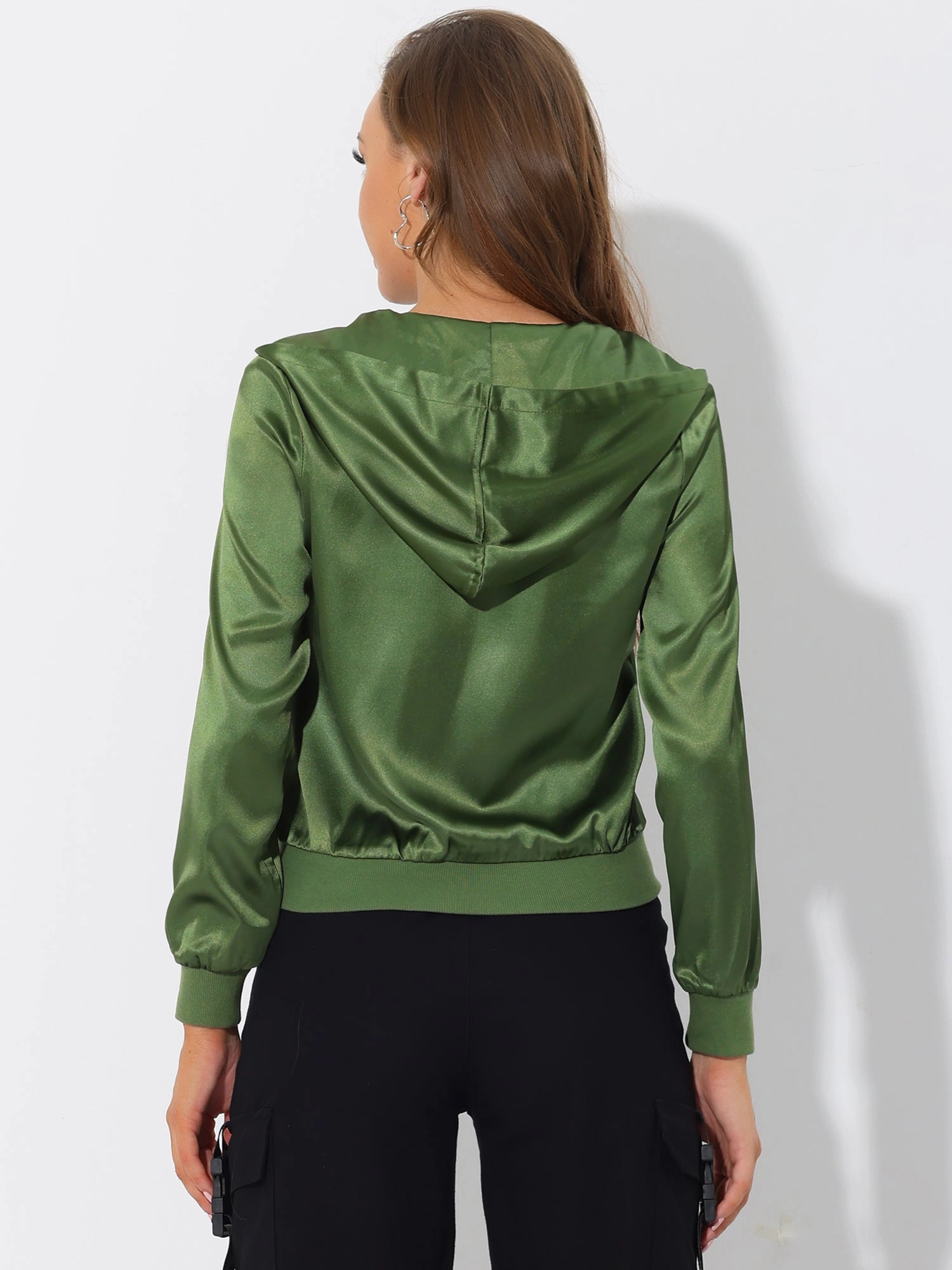Casual Zipper Front Satin Hooded Bomber Jacket