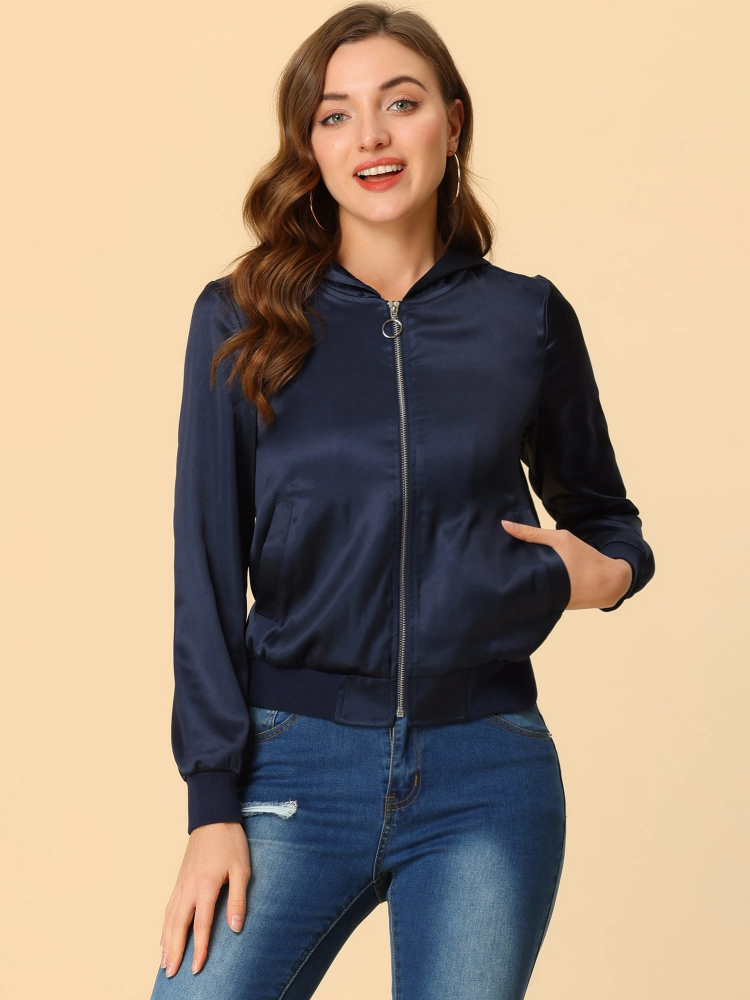 Casual Zipper Front Satin Hooded Bomber Jacket