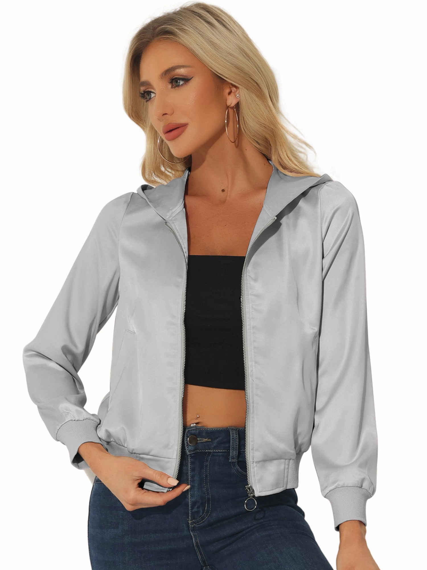 Casual Zipper Front Satin Hooded Bomber Jacket