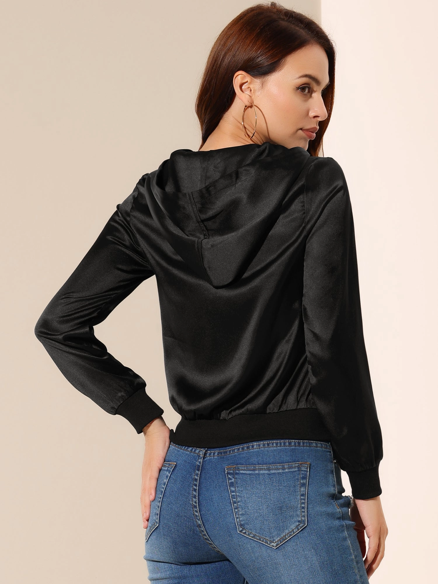 Casual Zipper Front Satin Hooded Bomber Jacket