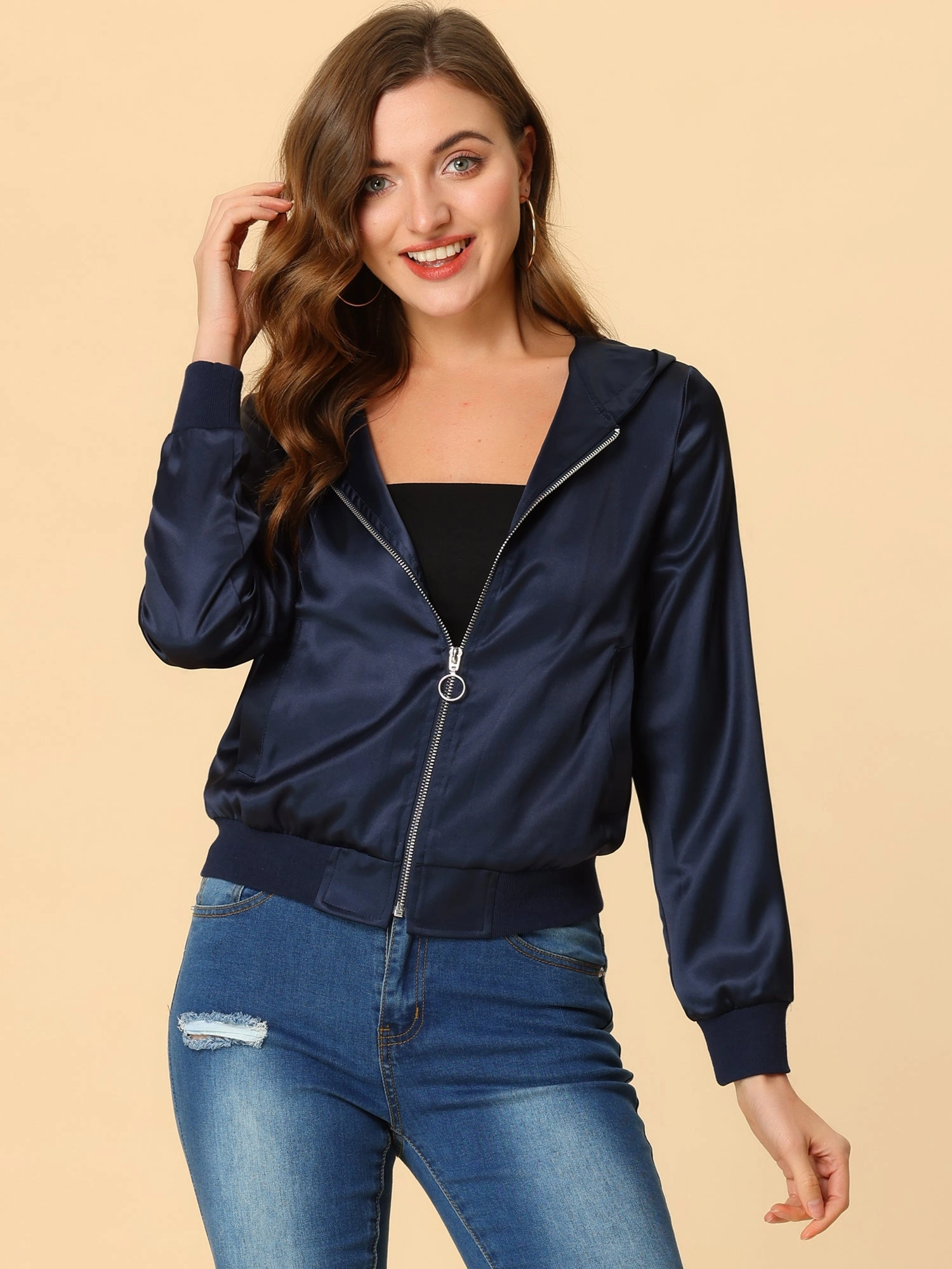 Casual Zipper Front Satin Hooded Bomber Jacket