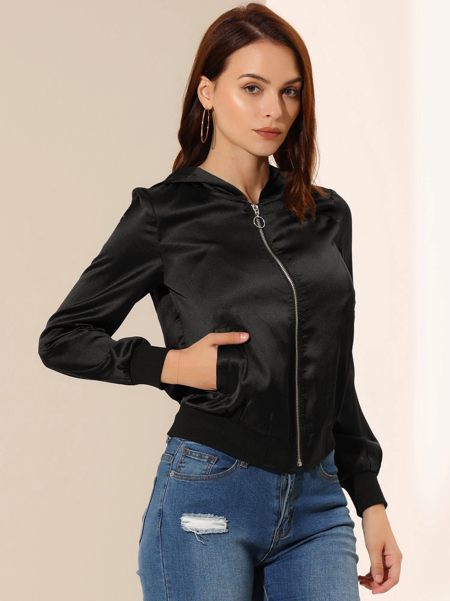 Casual Zipper Front Satin Hooded Bomber Jacket