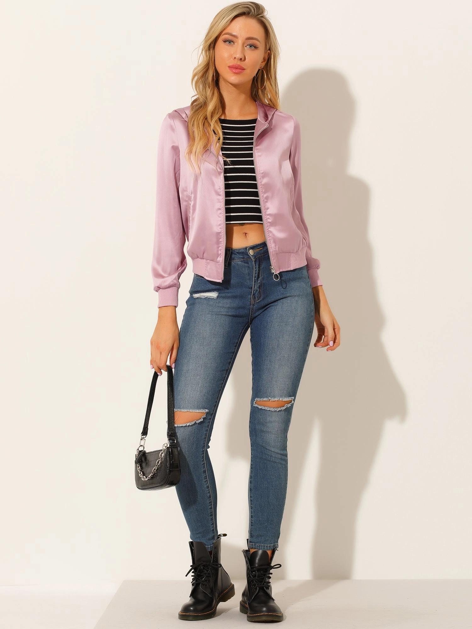 Casual Zipper Front Satin Hooded Bomber Jacket