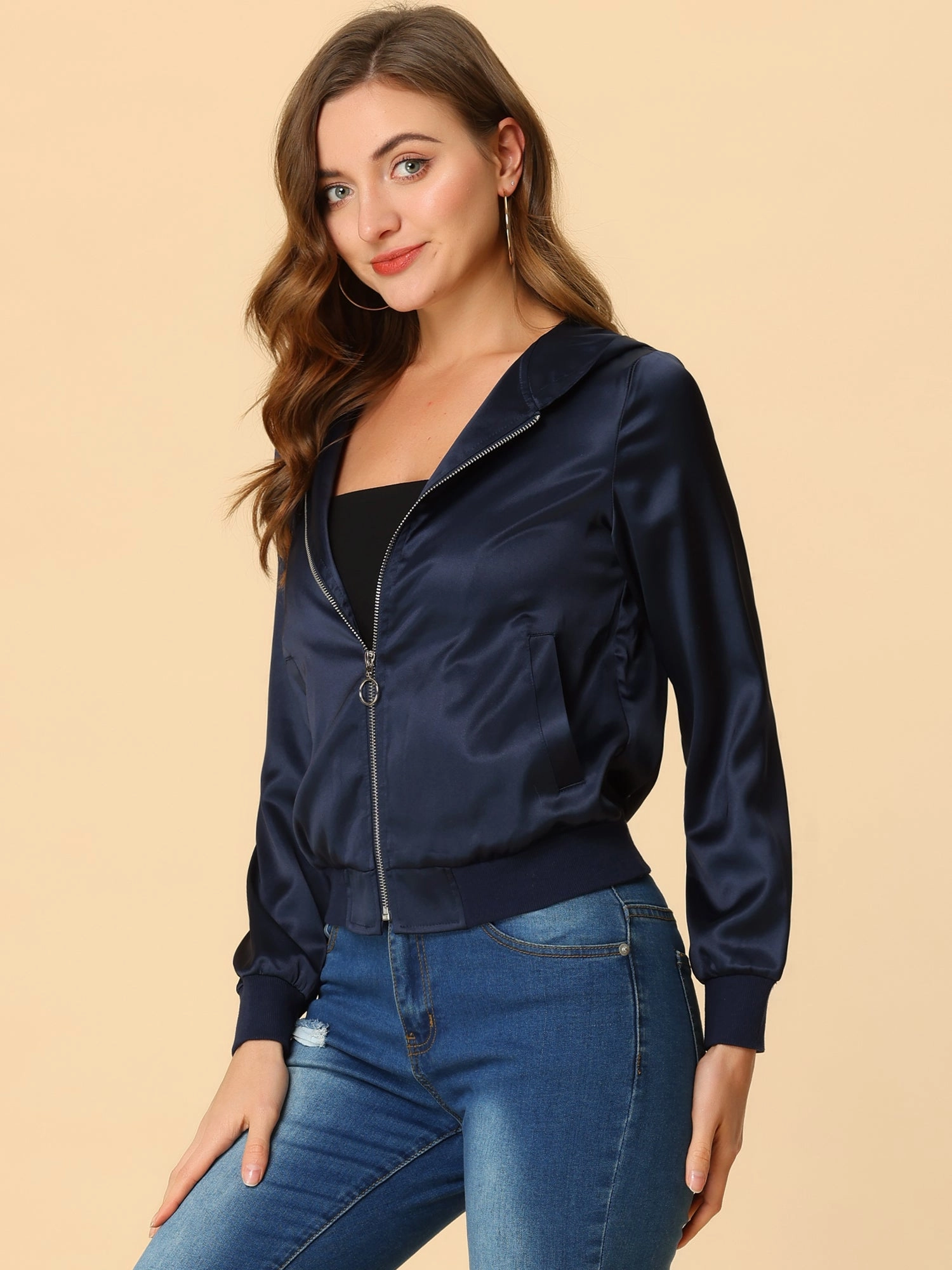 Casual Zipper Front Satin Hooded Bomber Jacket