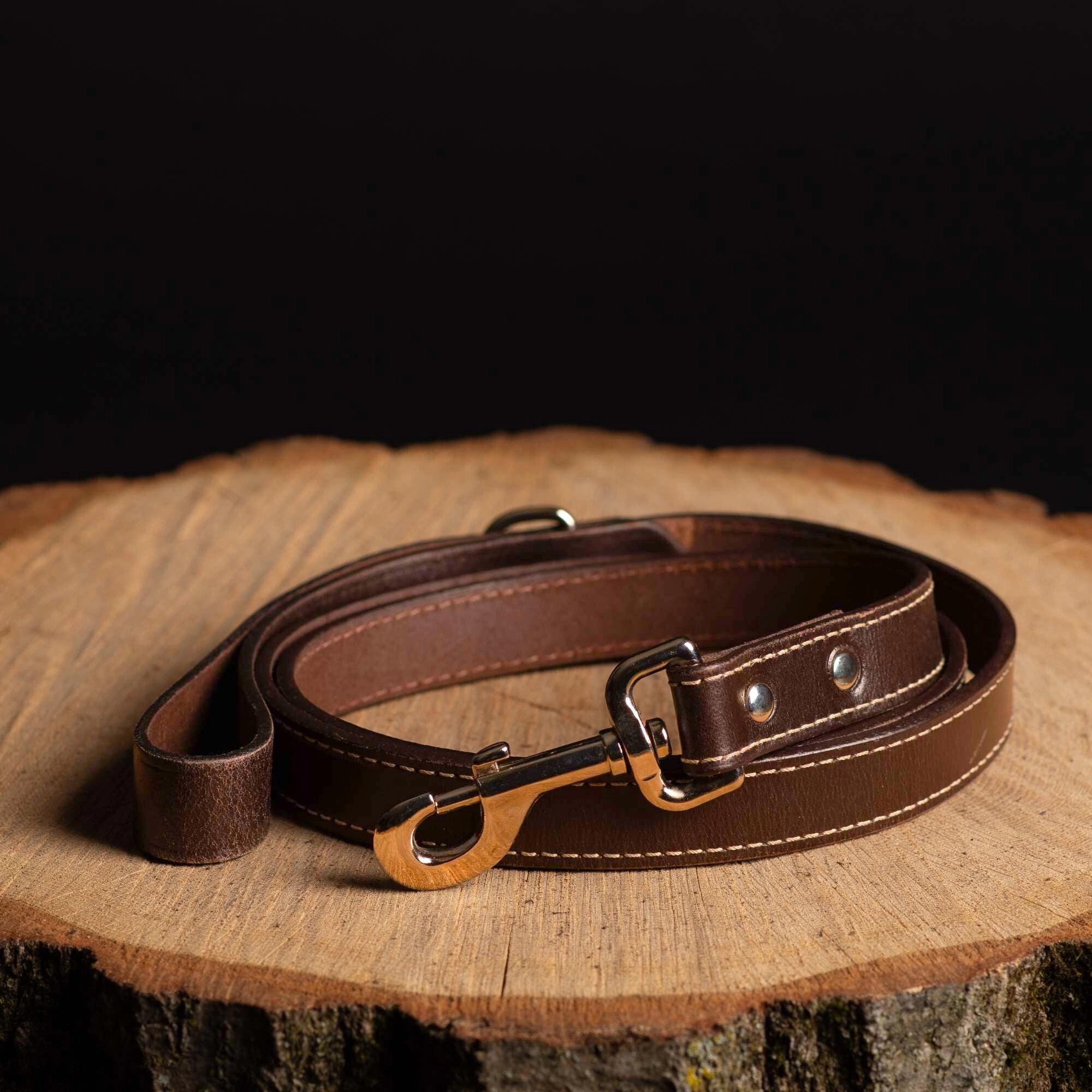 Cognac Stitched Leather Dog Leash 60'' - Made in Canada