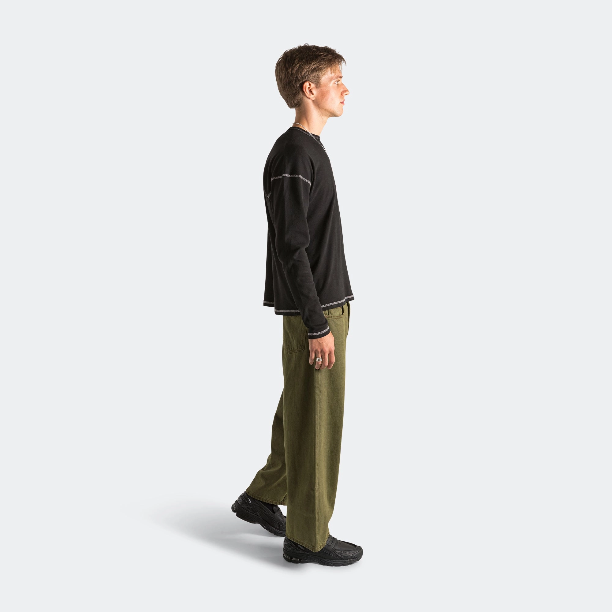 Heavy Rib Knit Long Sleeve Tee - Black