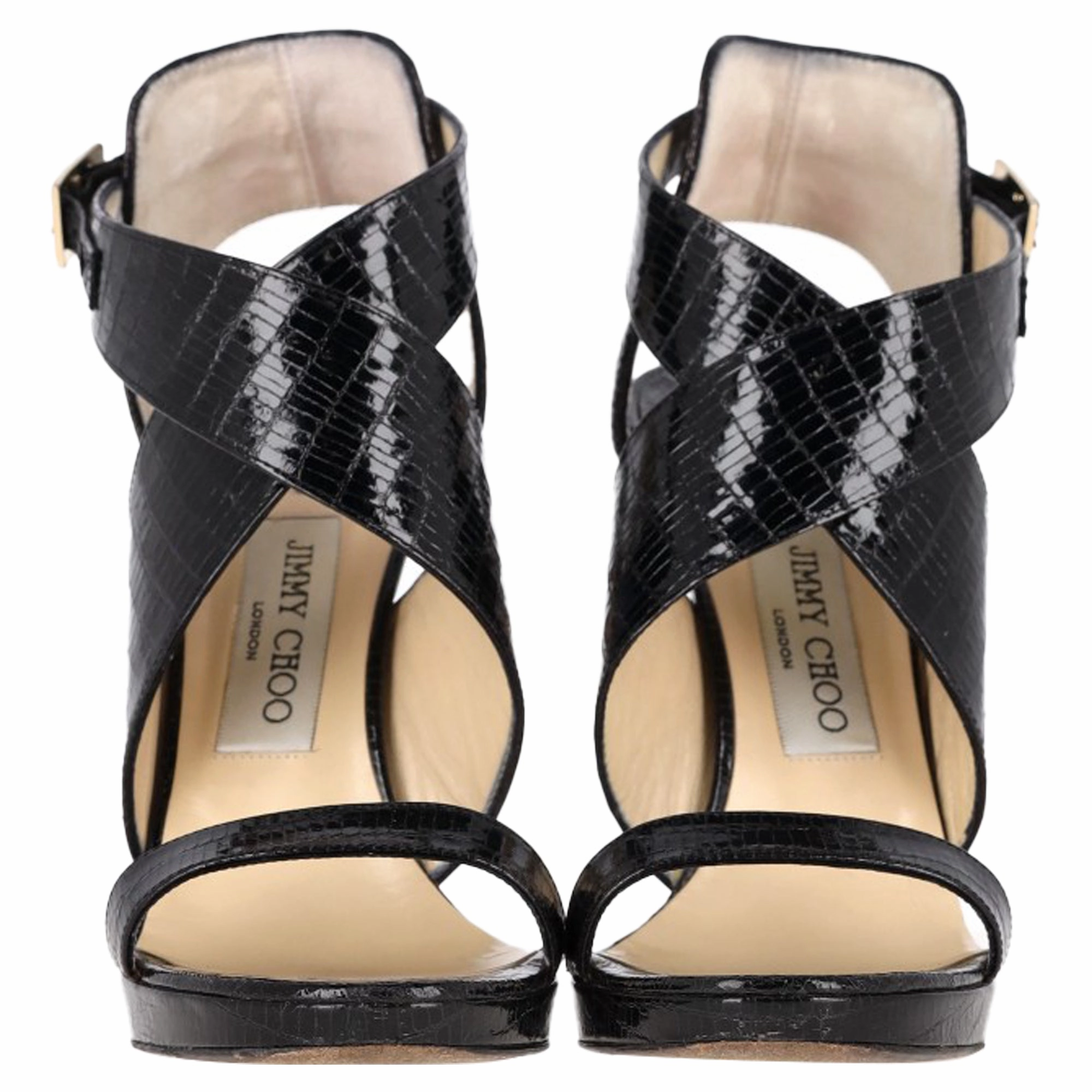 Jimmy Choo Cross-Strap Sandal Heels in Black Patent Leather