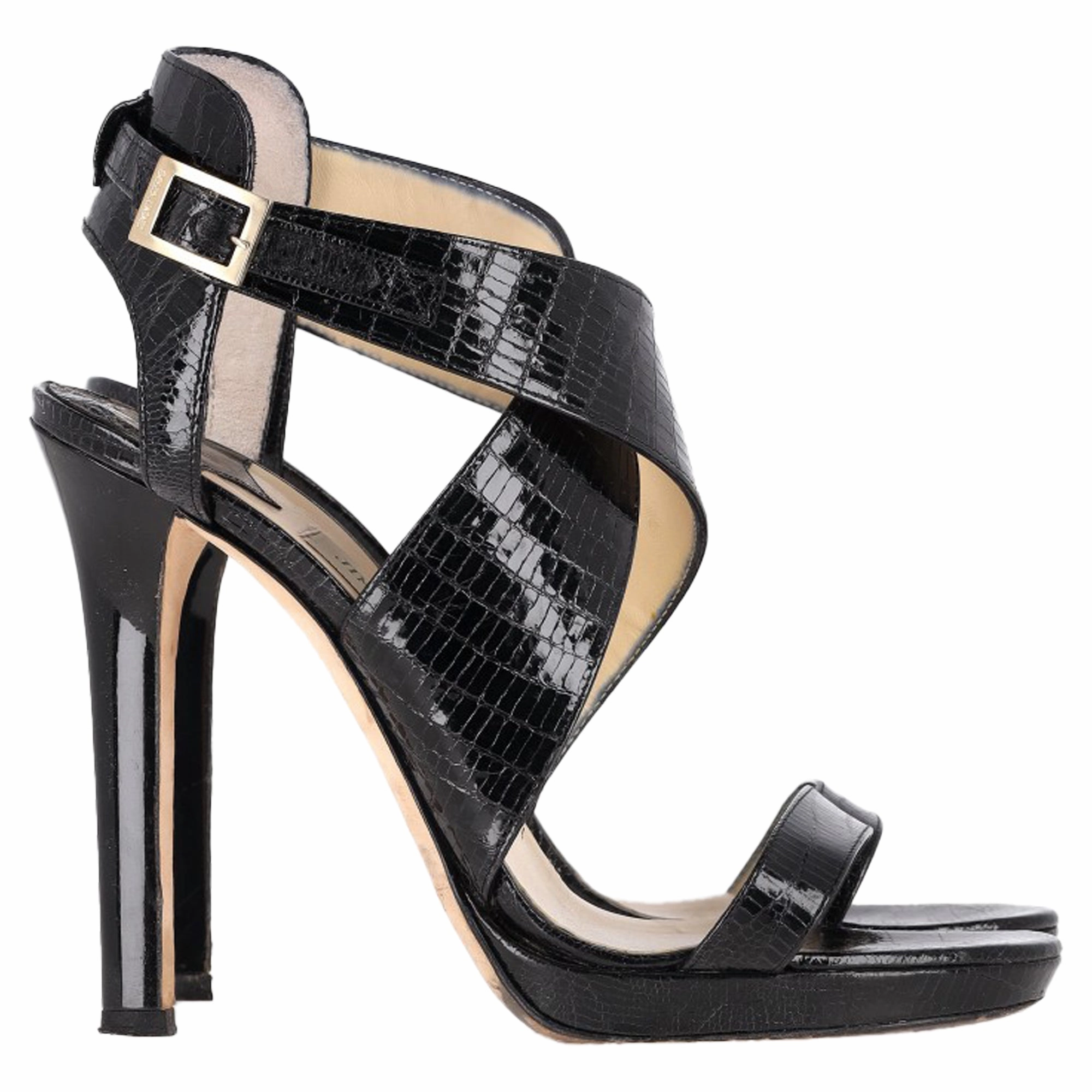 Jimmy Choo Cross-Strap Sandal Heels in Black Patent Leather