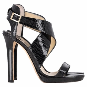 Jimmy Choo Cross-Strap Sandal Heels in Black Patent Leather