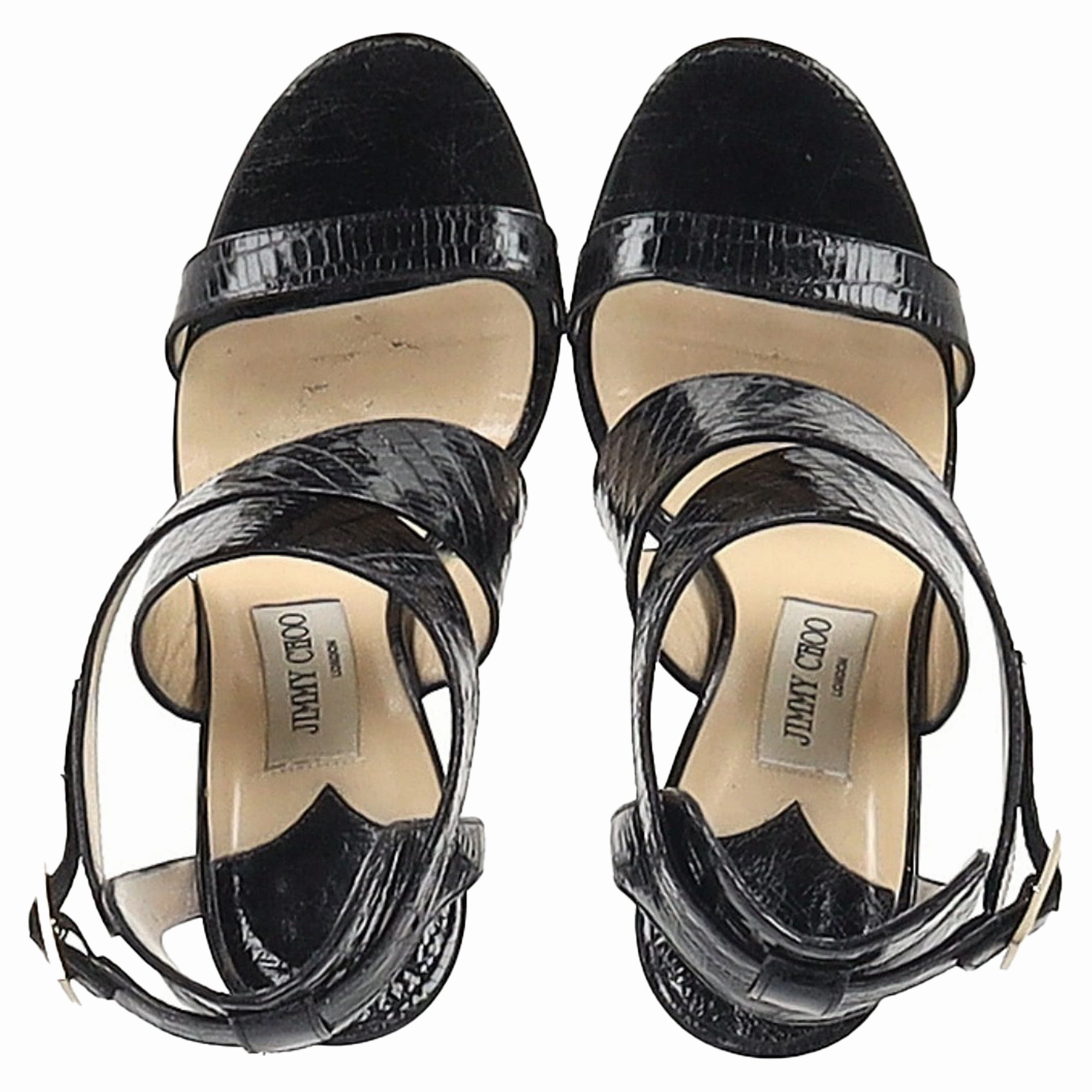 Jimmy Choo Cross-Strap Sandal Heels in Black Patent Leather